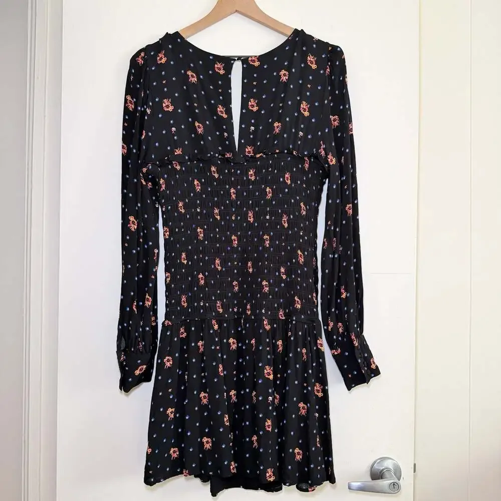 Free People Black Floral Smocked Mini Dress XL Boho Cottagecore Babydoll V-Neck